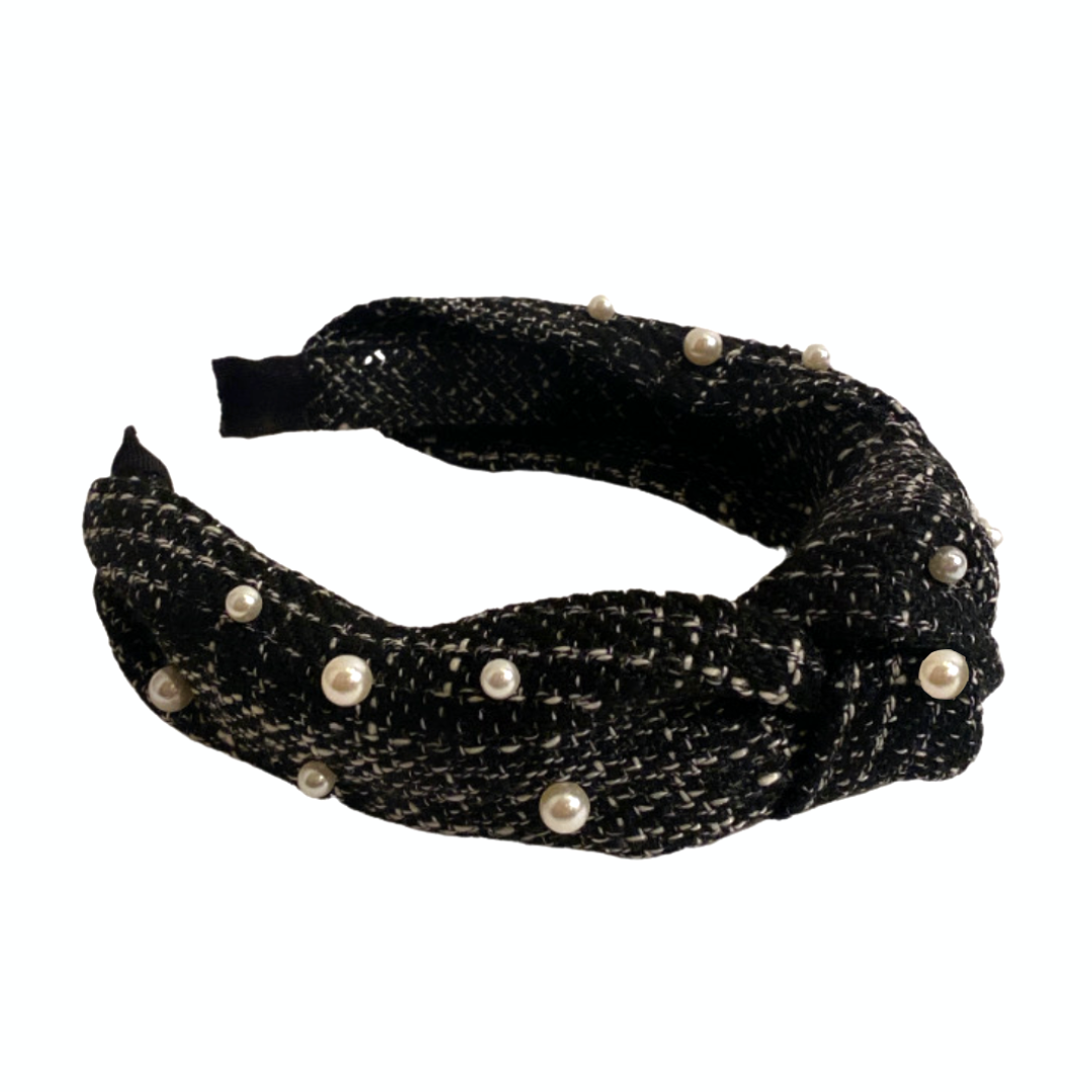 Black Tweed Knotted Headband with Pearl Embellishments