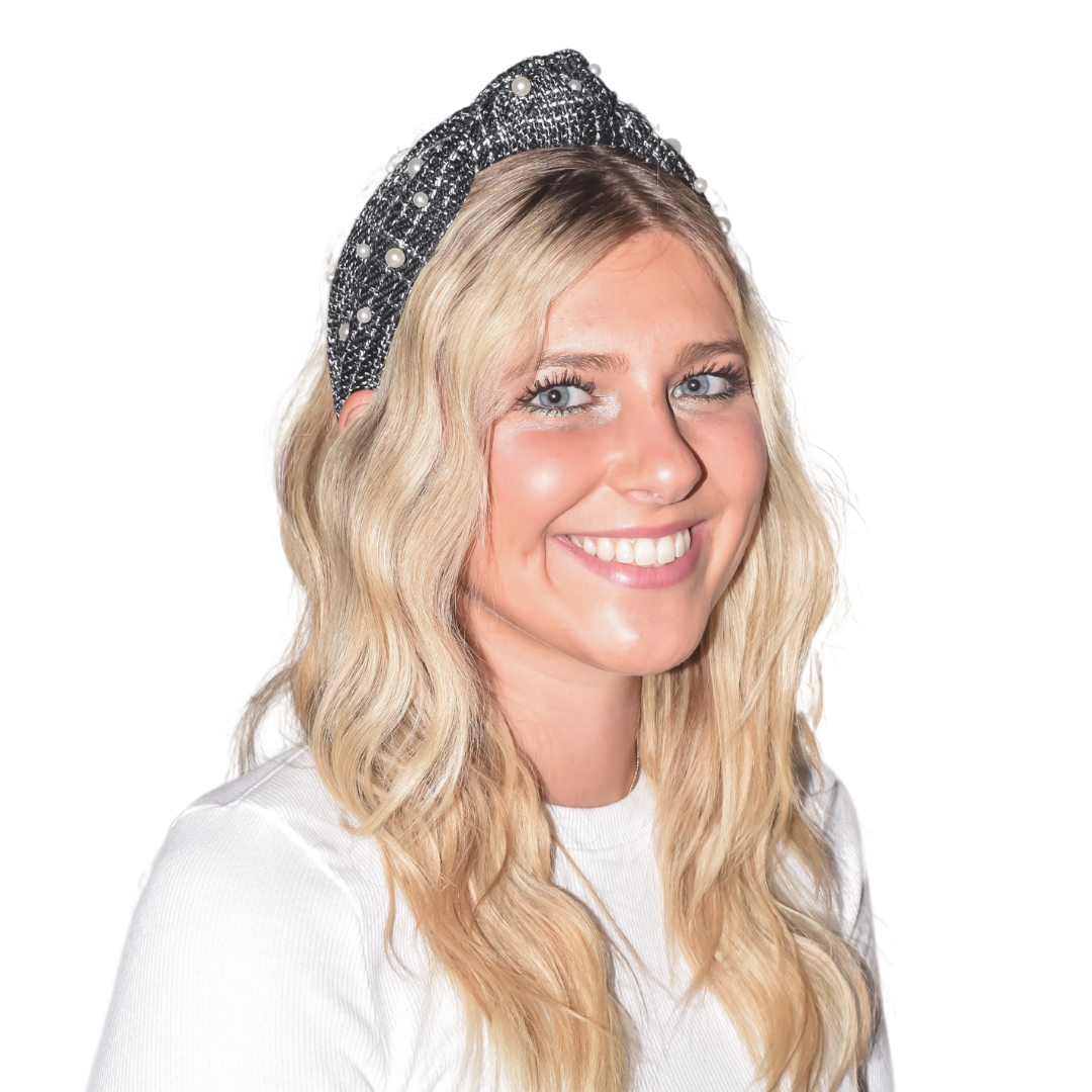 Black Tweed Headband with Pearl-Embellished CC Accent display picture 3