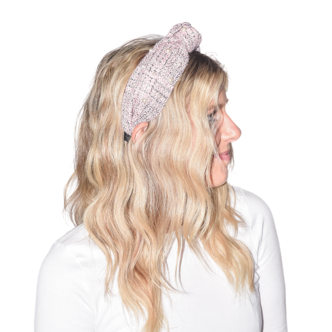 Pink Tweed Knotted Headband with Pearl Embellishments display picture 2